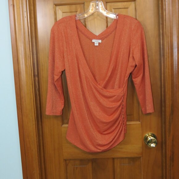 Cache Orange Sparkle Faux Wrap Blouse Deep V 3/4 Sleeve Knit Size Large - Picture 1 of 5